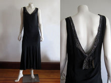 Load image into Gallery viewer, 1920s Art Deco Rhinestone Black Silk Dress Plunging Open Back Gown