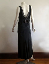 Load image into Gallery viewer, 1920s Art Deco Rhinestone Black Silk Dress Plunging Open Back Gown