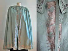 Load image into Gallery viewer, Edwardian Cape from the 1910s blue wool with metal lace, laurel leaf and bumble bee appliques