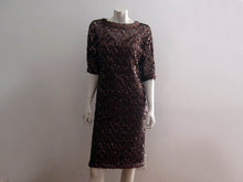 Load image into Gallery viewer, 1970s Lilli Diamond Cocktail Dress Brown Net Lace Copper Sequins