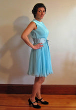 Load image into Gallery viewer, Vintage 1960s Dress / 60s Mini Dress / Light Blue Chiffon Dress / SMALL