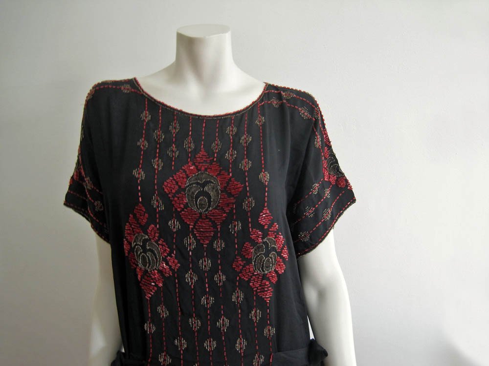 1920s Beaded Flapper Dress Red Glass Beads Black Silk