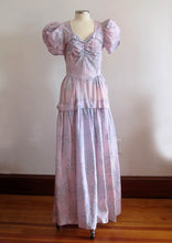 Load image into Gallery viewer, 1930s Flocked Velvet Lavender Satin Gown Peplum Waist