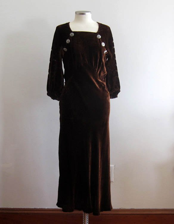 1930s Chocolate Brown Devore Velvet Dress Scallops 1930s Chocolate Brown Devore Velvet Dress Scallops