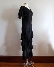Load image into Gallery viewer, 1920s Black Silk Dress Dropped Peplum Waist