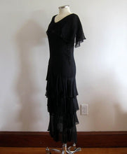 Load image into Gallery viewer, 1920s Black Silk Dress Dropped Peplum Waist