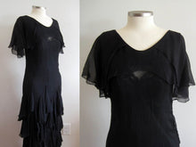Load image into Gallery viewer, 1920s Black Silk Dress Dropped Peplum Waist