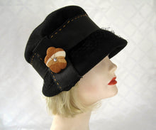 Load image into Gallery viewer, 1920s Black Felt Cloche Hat Earth Tone Flower
