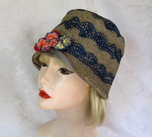 Load image into Gallery viewer, 1920s Cloche Hat 22" Embroidered Straw Cloche Hat
