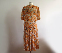 Load image into Gallery viewer, 1920s Silk Flapper Dress Orange Floral Novelty Print