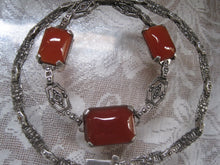 Load image into Gallery viewer, Beautiful Art Deco Carnelian and Marcasite Sterling Silver Necklace 16 inch Chain