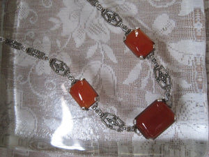 Beautiful Art Deco Carnelian and Marcasite Sterling Silver Necklace 16 inch Chain