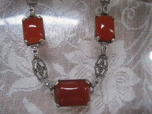 Load image into Gallery viewer, Beautiful Art Deco Carnelian and Marcasite Sterling Silver Necklace 16 inch Chain