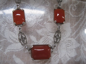 Beautiful Art Deco Carnelian and Marcasite Sterling Silver Necklace 16 inch Chain