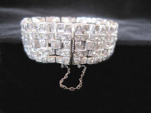 Antique 1920s Art Deco Rhinestone Bracelet Wide Link Chatons Rhodium Plating