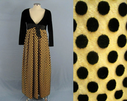 1960s Arnold Scaasi Burnout Velvet Gown Black Polka Dots Long Sleeve