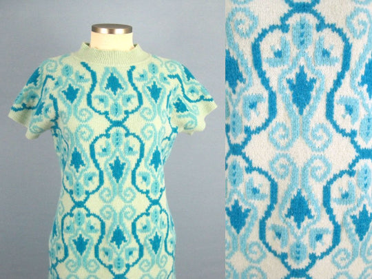 1960s Mini Dress Laura Aponte Mod Geometric Knit Blue Wool 