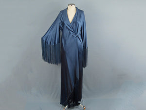 1930s Liquid Silk Satin Dressing Gown Bias Cut Blue Silk Fringed Robe