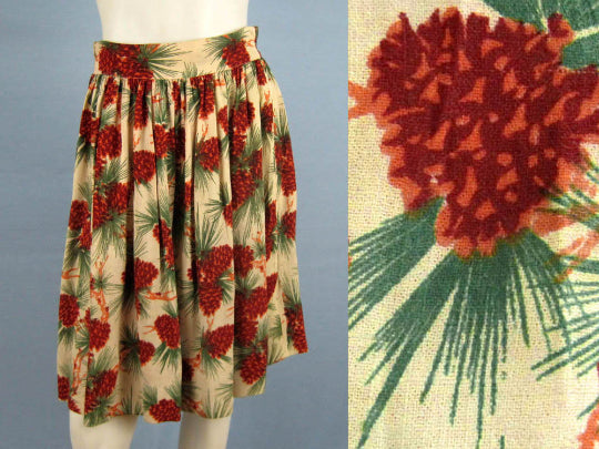 1940s Cabin Skirt Pine Cone Barkcloth Holiday Party Skirt