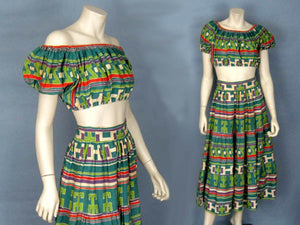 1940s Deadstock Beach Set Skirt Cold Shoulder Crop Top Resort Wear