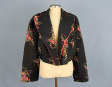 Load image into Gallery viewer, 1940s Bed Jacket Floral Print Black Rayon Kamore