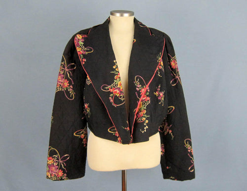 1940s Bed Jacket Floral Print Black Rayon Kamore