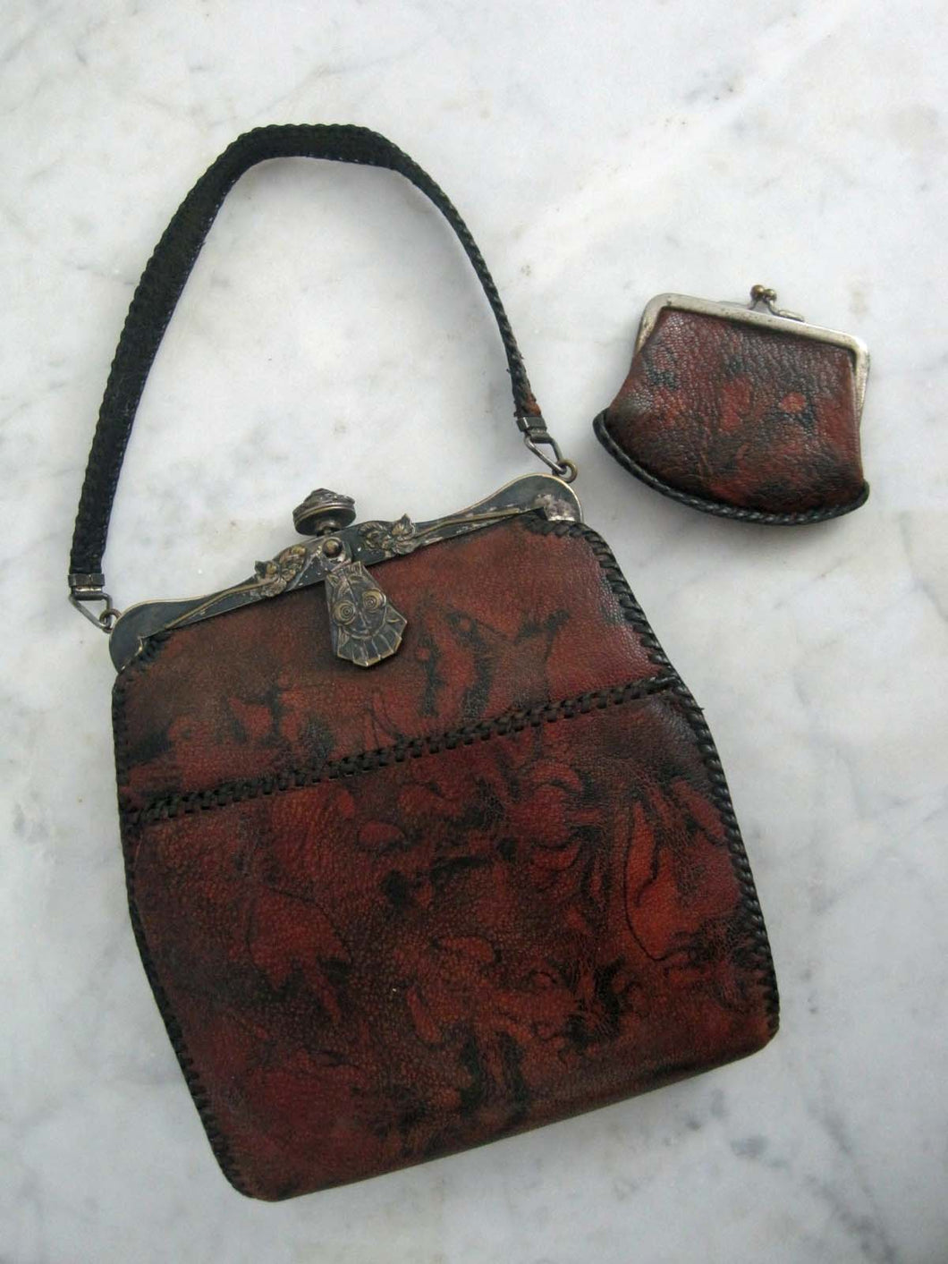 Antique 1918 Handbag & Matching Coin Purse / Art Deco Leather Purse / Dyed Marble Leather / JEMCO Locking Purse Frame Roses Ruby Glass