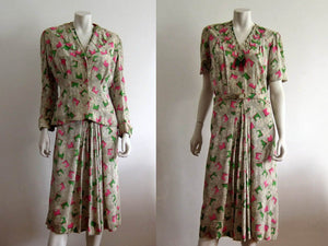 1940s Onondaga Silk Dress Pink Green Floral Print 2 Piece