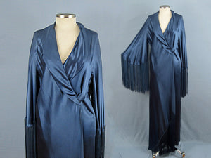 1930s Art Deco Liquid Silk Satin Dressing Gown Bias Cut Blue Silk Robe High Fashion