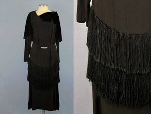 1920s Black Silk Fringed Flapper Dress Long Sleeve