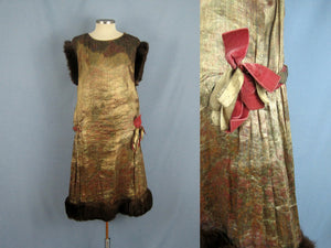 1920s Gold Floral Lame Flapper Dress Brown Mink Fur Trim Close-Up Detail of Pink Velvet Ribbon Trim