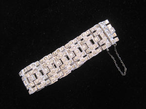 Antique 1920s Art Deco Rhinestone Bracelet Wide Link Chatons Rhodium Plating