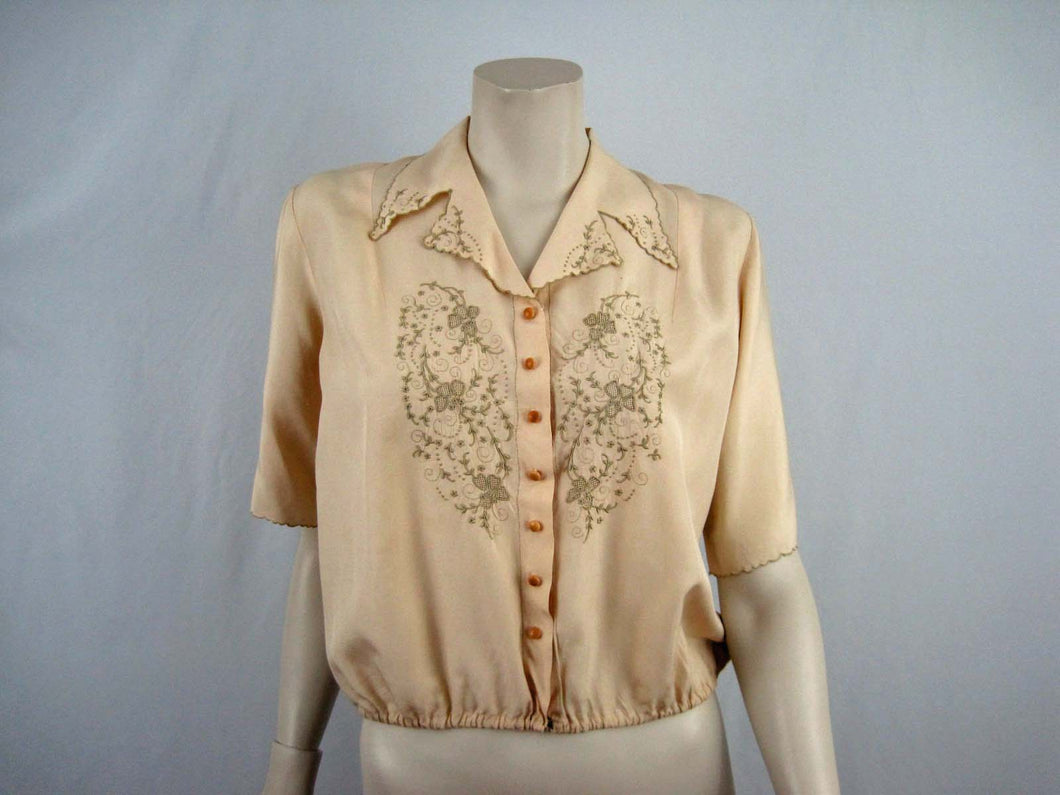 1940s Tailored Silk Blouse Embroidery Pulled Thread Work Chinese Export