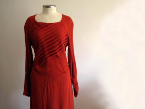 1930s Asymmetrical Paprika Rayon Crepe Day Dress Dynamic Pleats