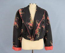 Load image into Gallery viewer, 1940s Bed Jacket Floral Print Black Rayon Kamore
