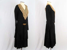 Load image into Gallery viewer, 1920s Black Silk Dress Art Deco Rhinestone Brass Buckle