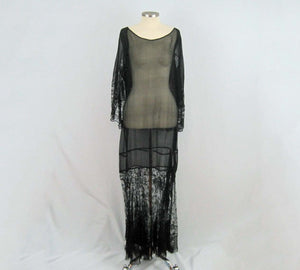1920s Black Silk Chiffon Gown Chantilly Lace Attached Cape