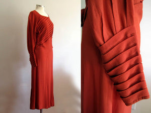 1930s Asymmetrical Paprika Rayon Crepe Dress Dynamic Pleats