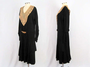 1920s Black Silk Dress Art Deco Rhinestone Brass Buckle