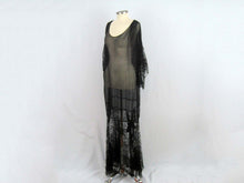 Load image into Gallery viewer, 1920s Black Silk Chiffon Gown Chantilly Lace Attached Cape