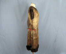 Load image into Gallery viewer, 1920s Gold Floral Lame Flapper Dress Brown Mink Fur and Pink Velvet Ribbon Trim
