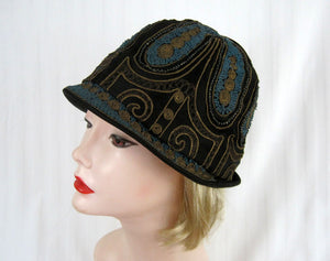 DEADSTOCK 1920s Beaded Cloche Hat Gold Metal Lace Blue Soutache 