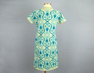 1960s Mini Dress Laura Aponte Mod Geometric Knit Blue Wool 