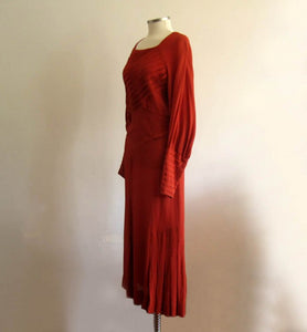 1930s Asymmetrical Paprika Rayon Crepe Dress