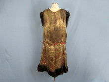 Load image into Gallery viewer, 1920s Gold Floral Lame Flapper Dress Brown Mink Fur Trim