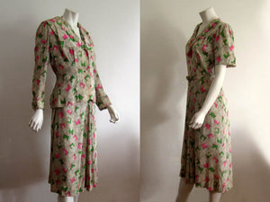 1940s Onondaga Silk Dress Pink Green Floral Print 2 Piece