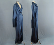Load image into Gallery viewer, 1930s Art Deco Liquid Silk Satin Dressing Gown Bias Cut Blue Silk Robe High Fashion