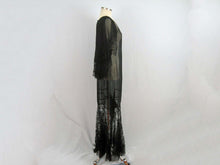 Load image into Gallery viewer, 1920s Black Silk Chiffon Gown Chantilly Lace Attached Cape
