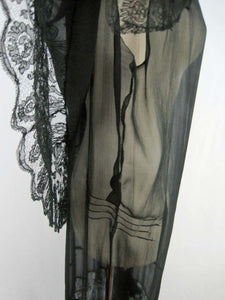 1920s Black Silk Chiffon Gown Chantilly Lace Attached Cape