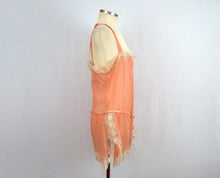 Load image into Gallery viewer, Deadstock 1920s Peach Silk Crepe Step-In Teddy Floral Net Lace Silk Ribbon Flower